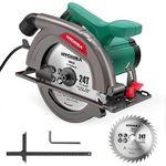 HYCHIKA Circular Saw - 1300W Electric Saw 4500RPM, High Power Motor, 24T Blade(185mm), Cutting Depth 65mm (90º), 45mm (45º), Safety Switch, Dust Extraction