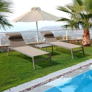 Domi Outdoor Lounge Chairs Set of 3, Upgraded Aluminum Chaise Lounge Chair with 5 Adjustable Positions, Patio Lounge Chair for Pool, Deck, Lawn, Garden, 2 Pool Chairs and 1 Side Table, Khaki