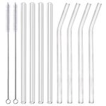 ALINK Glass Smoothie Straws, 10" x 10 mm Long Reusable Clear Drinking Straws for Smoothie,Pack of 8 with 2 Cleaning Brush,