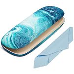 NPOOYI Eyeglasses Case, Hard Shell Protective Case for Glasses, Unisex for Women Men, Glass Case with Cleaning Cloth, Blue Ocean Marble