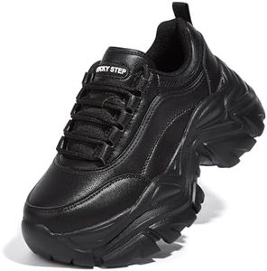LUCKY STEP Women Chunky Sneakers Fashion Platform Leather Casual Dad Shoes Comfortable Wedge Walking Sport Sneakers, Black, 6 US