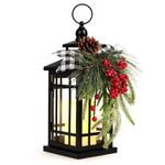 Metal Christmas Decorative Candle Lantern with Led Light,Plaid Ribbon,Lighted Hanging Vintage Lanterns for Home Decor Table Fireplace Porch Indoor Outdoor Decorations,Serpro