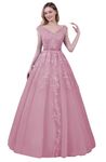 Guramisi V Neck Cap Sleeve Long Prom Dresses for Women Puffy Tulle Laces Appliques A Line Sweet Quinceanera Dresses, Dusty Rose, 16 Plus