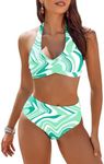 AI'MAGE Women's High Waisted Bikini Sets Tummy Control Swimsuits 2024 Two Piece Bathing Suits Color Block HalterSwim Suits, Green Fluid Print, L