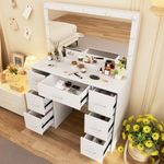 Guanglai Makeup Vanity Desk with Large Mirror, Vanity Table with 6 Drawers, Dressing Vanity Table for Bedroom, Built-in Light Bulb with Adjustable, Ivory White