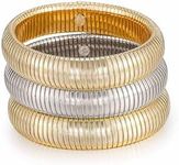 Ettika Gold Bangles For Women. Chunky Gold Bracelets, Set of 3Pcs Flex Snake Chain Stretch Mix Metal Gold Tone Rhodium Plated Bangles