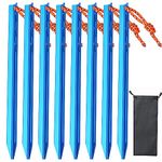 8 Pack Tent Pegs Heavy Duty Camping Pegs Aluminium Alloy Tent Peg with Drawstring Bag Tent Stakes Tent Nails for Outdoor Camping Trip Hiking Beach Blue