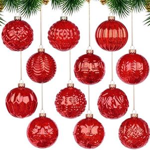 12PCS(3.15 Inch/80mm) Large Farmhouse Christmas Ball Ornaments,Hand Blown Glass Ornaments Hanging Balls,Distressed Metal Glass Ball for Christmas Trees,Vintage Style Christmas Ball (Red)
