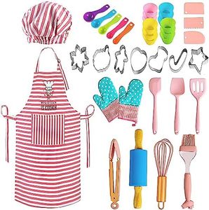 BBplusDD Kids Baking and Cooking Sets - 38 Pcs Real Baking Supplies for Junior Chef Includes Kids Apron and Chef Hat, Oven Mitts, Baking Utensils - Complete Gift Cooking Kits for The Curious Child