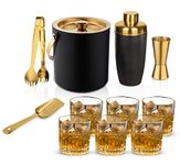 Steren | Stainless Steel Premium Black & Gold Bar Set for Drink/Gift, Ice Bucket, Cocktail Shaker, Ice Scooper, Peg Measure/Jigger & Tong with Set of 6 Drink Glasses