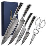 Sunnecko Damascus Kitchen Knife Sets - Knife Set of 5pcs, Kitchen Knife Sets with 73-Layer VG10 Damascus Steel Kitchen Knives, Damascus Knife Set with G10 Handle Chef Knife Set with Scissors