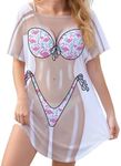 Seizesoul Women's Bikini Body Printed Mesh Shirt Cover Up Beach Short Sleeves T-Shirt, Flamingo, Large