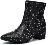 YAYONE Rhinestone Zipper Sparkling Ankle Boots - Glitter Pointed Toe Fashion Comfortable Shoes, Pull on Chunky Heel Western Boots, Black, 8