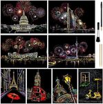 Scratch Art for Kids & Adult, Rainbow Engraving Painting Landscape Scratchboard(A4) Crafts Set: 8 Sheets 4 Tools - Congress Building, Burj Al Arab, Eiffel Tower, Big Ben, Moscow(Fireworks/Building)