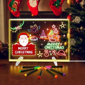 LED Note Board with Colors, 13.8"X10" 4 Modes & 7 Colors Led Acrylic Message Board with Light, Led Drawing Board with Stand, Include Hanging Chain, 7 Markers, Spray Bottle