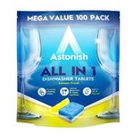 Astonish All In 1 Powerful Cleaning Dishwasher Tablets with Salt and Rinse Aid, Mega Pack of 100 Tablets, Lemon Fresh