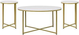 Flash Furniture Hampstead Collection Coffee and End Table Set - White Marbled Laminate Top & Matte Gold Crisscross Frame - 3 Piece Occasional Table Set