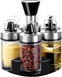 Mlici Oil and Vinegar Dispenser Set of 6 Bottles, Stainless Steel Salt and Pepper Holder with 360° Rotating Holder, Cruet Soy Sauce Dispenser - Premium Glass Condiment Set for Kitchen, Tabletop