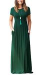 GRECERELLE Womens Summer Maxi Dress Short Sleeve Crewneck High Waist Casual Loose Long Dresses with Pockets Dark Green-L