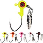 XFISHMAN Crappie-Jigs-Heads-Kit 1/8 1/16 1/32oz 50 Pack Ice Fishing Jigs Lead Head Jig Hook Lure (1/32 oz, Big Eye Jigheads-W/Spinner)