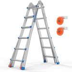 LUISLADDERS Ladder, A Frame 6 Step Ladder Telescoping Ladder, 22 Ft Reach Height Muti Position Folding Ladder Flared Leg & Wheels Design, 330 lbs Capacity Extension Ladder for Household Outdoor Work