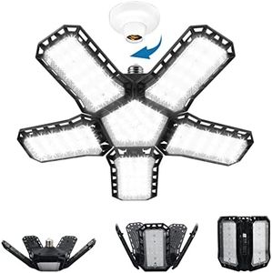 CREATESTAR Lámpara de Garaje,E27/E26 120W Luz de Taller Deformable con 5 Paneles Ajustables Luz LED para Garaje,12000LM 6500K Luz de Techo LED para Garaje,Taller,Granero,Almacén Sótano,Gimnasio
