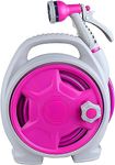 House of Quirk Garden Hose Reel Auto Winder Retractable 15 Meter Water Pipe 6 Functional Nozzle Sprinkler Automatic Rewind Slow Return System Home Car Wash Hose (Pink)