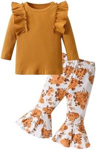 Toddler Baby Girls Clothes Outfit Little Kids Solid Color Long Sleeve Ruffles Shirt Floral Flared Pants 2Pcs Clothing 2-3T Brown