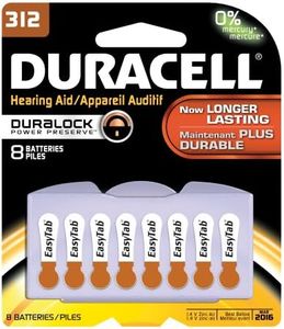 Duracell DA312B8ZM09 Easy Tab Hearing Aid Zinc Air Battery Pack, 312 Size, 1.4V, 175 mAh Capacity (Case of 6 Cards, 8 Unit per Card)