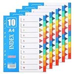 Partideal 5 Pack A4 File Dividers, 10 Part Multi Colors Folder Dividers, 1-10 Multipurpose Porous Index Dividers, Plastic Binder Dividers Reinforced Colour Tabs for Home Office