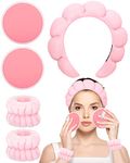 5Pcs Pink Sponge Spa Headband for Women Face Washing, Makeup Headband and Wristband Set Come with 2 Reusable Makeup Remover Pads for Washing Face (Pink)