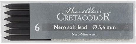 CRETACOLOR 5.6mm Artist Sketching Leads - Nero Soft, Black, 6 Count (Pack of 1), CR26101