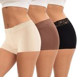 INNERSY Boy Shorts Underwear for Women Lace Boxers Ladies Boxer Briefs with Cotton Gusset 3 Pack(12, Black/Brown/Pale Pink)