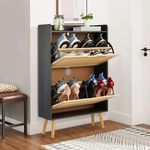Shoe Cabinet with 2 Flip Drawers, Handwoven Natural Rattan Storage Organizer with 2-Tier Shelves, Narrow 9.25-Inch Depth Entryway Shoe Rack for Hallway, Porch, Closet, Living Room