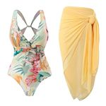 Huahomehui Women's One Piece Swimsuit with Beach Cover Up Retro Floral Print Bikini Set 2Pc Bathing Suits for Womens, Yellow, Medium