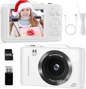 Digital Camera for Kids, FHD 4K 48MP Compact Point and Shoot Digital Cameras with 2.8 Inch IPS Screen, 16X Zoom, 32GB Card, Card Reader, Small Vintage Camera Gifts for Teens Girls Boys Students(White)