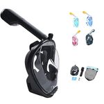 Full Face Snorkel Mask, Snorkeling Mask 180° Panoramic View Swimming Diving Mask with Detachable Sports Camera Mount and Anti-Fog Anti-Leak Design for Adults and Youth (Black, X/XL)