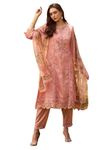 INDO ERA Women's Embroidered Organza Calf Length Straight Kurta & Pant With Dupatta Set (KH9PH7885_X-Large)