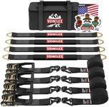 Vehiclex Car Tie Down Axle Straps 4 PCS Kit – Reinforced Axle Straps, Vinyl Coated Double J-Hooks with Clips, Heavy Duty Ratchet with Easy to Operate Length, 4 Velcro Loops