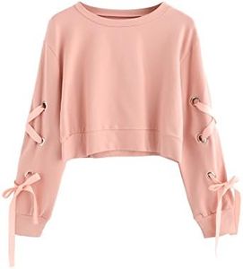 SweatyRocks Women's Casual Lace up Long Sleeve Pullover Crop Top Sweatshirt Solid Pink Medium
