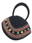 SriAoG Traditional Women's MINI Handle bag Banjara Applique Handmade Cotton Hand Held Purse for Girls Birthday Gift Items (9.5 x 6.5 Inch Original Mirrors Beads and Thread Work) Black