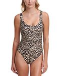 DKNY Women's One Piece Scoop Neck Bathing Suit Swimsuit, Suntan Leopard, 16