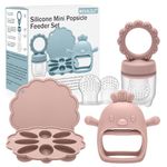 3 Pack Silicone Teething Mitten for Babies with Baby Fruit Food Feeder & Freezer Tray Set, BPA Free Infant Teething Relief Toy for 3 Month+, Additional Silicone Sacs