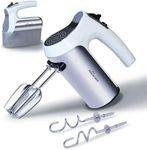HousesAid 200W Hand Mixer, Lightweight Electric Mixer with Turbo Function, 5-Speed Handheld Mixer for Whipping, Folding, and Dough Kneading, Compact Storage with Attachments (white)