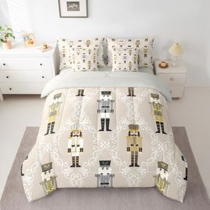 Feelyou Christmas Nutcracker Comforter Set with Sheets 7 Piece King Size Merry Christmas Bedding Set for Kids Boy Girls Gold Beige Bed in a Bag Wooden Soldier Toy Room Decor Winter Soft Microfiber