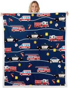 Fire Truck Car Sherpa Blanket Firefighter Fleece Throw Blanket Police Car Plush Blanket for Kids Room Decor Lightweight Ambulance Fuzzy Blanket Firemen Car Vehicle Twin 60"x80"