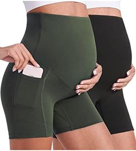 Enerful Women's Maternity Yoga Shorts Over The Belly Comfy Workout Running Active Biker Pregnancy Pants with Pockets 5" 2PCS Black Dark Green XX-Large