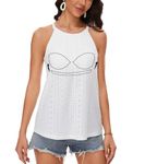 ANYFITTING Women Halter Eyelet Tank Top with Built in Bra Loose Fit Flowy Camisole Tops Casual Padded Halter Neck Tops Cami Summer Home Vest UK White Eyelet L