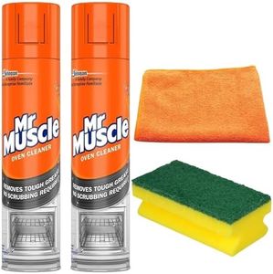 Mr Muscle Oven Cleaner Spray 300ml (Pack of 2) - Oven BBQ Cleaner Degreaser - Removes Tough Grease - No Scrubbing Required with Microfibre Cleaning Cloth and Degreaser Sponge