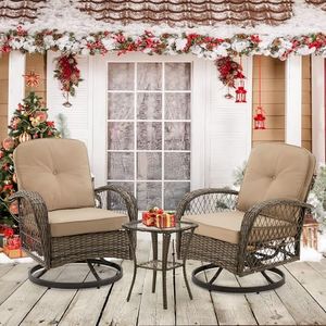 EROMMY 3 Pieces Outdoor Swivel Rocker Patio Chairs, 360 Degree Rocking Patio Conversation Set with Thickened Cushions and Glass Coffee Table for Backyard, Khaki